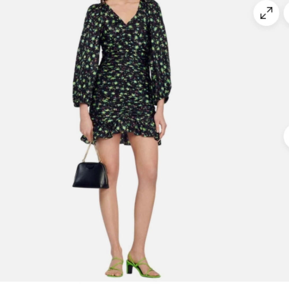 Sandro Ruched Mini Novalee V Neck Floral Dress Size 36/ US 4 Slim Fit MSRP $415